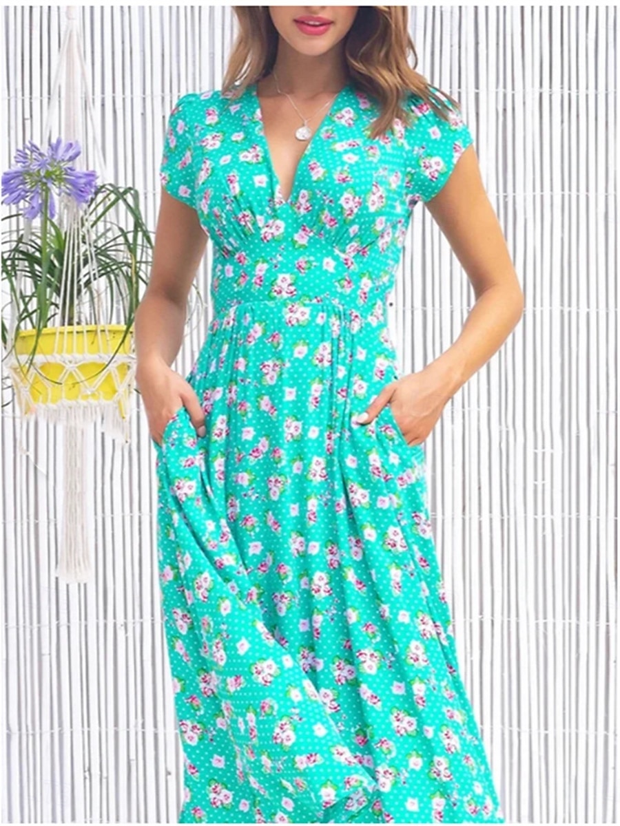 Dame Midikjole Uformell kjole Boho elegante kjoler Kjole med A-linje Bohem Ferie Stilfull Feriereise Avslappet Daglig Normal Grafisk Kortermet V-hals Lysegul Rød Lilla Grønn Sommer 2025 - $10.59 –P8