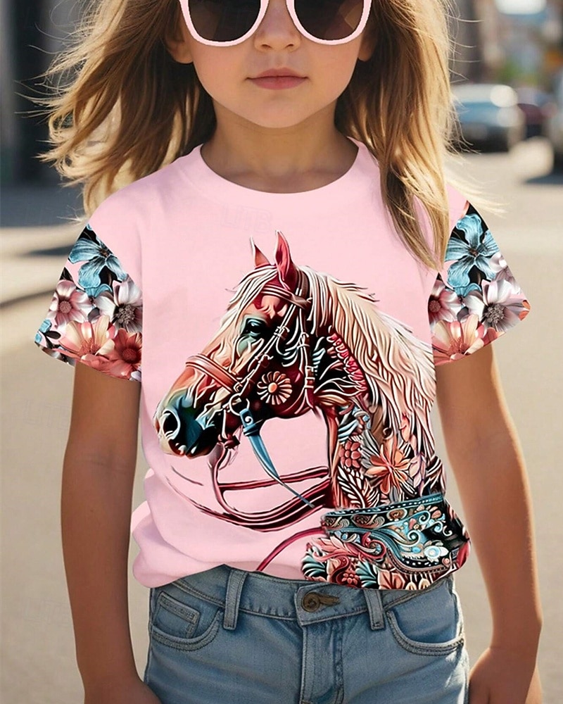 Mädchen 3D Grafik Pferd T-Shirt Kurzarm Sommer Frühling Mode Basic Kinder 4-12 Jahre Rundhalsausschnitt Lässig Täglich Outdoor Normale Passform 2026 - $11.99 –P4