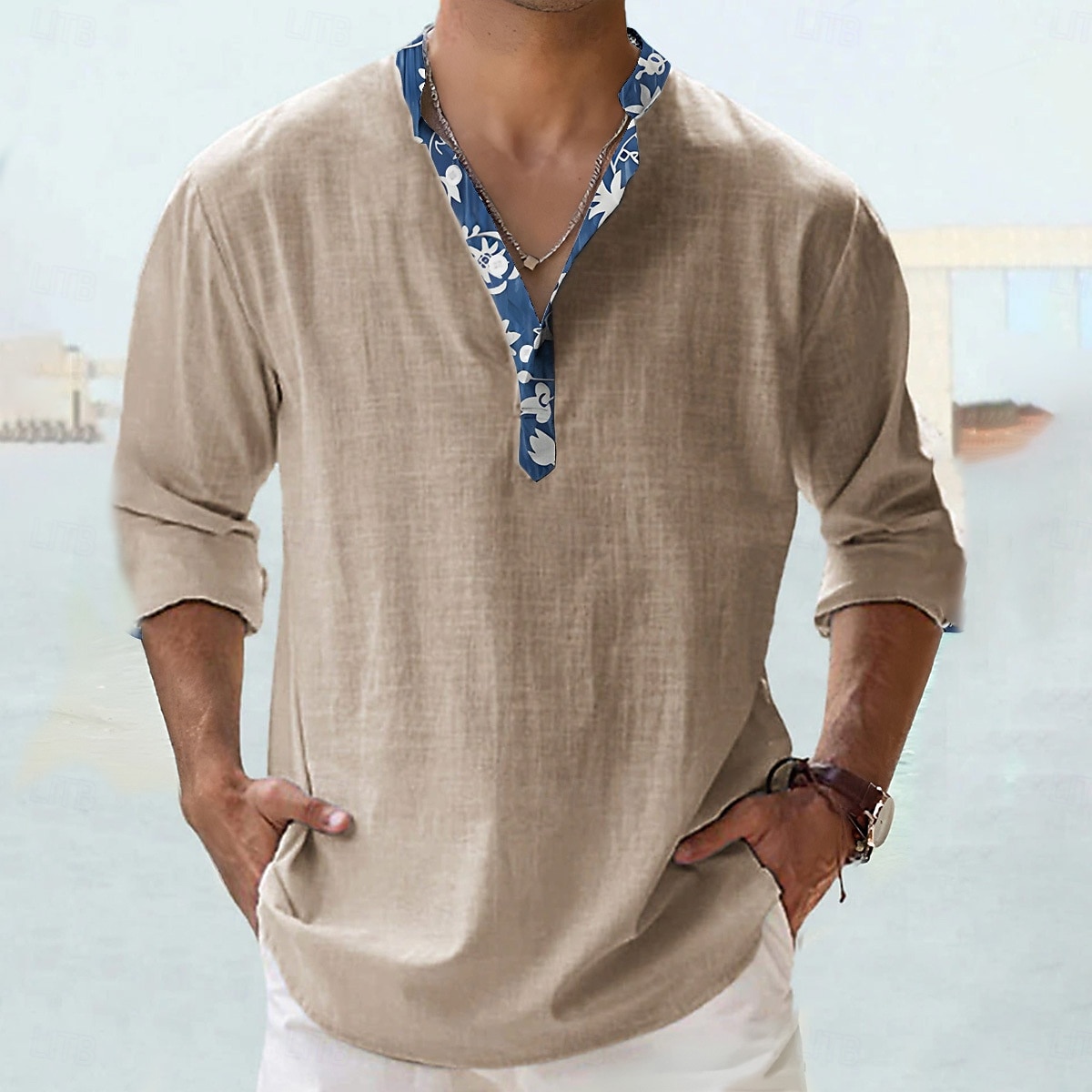 Per uomo Camicia Camicia popover Camicia estiva Maglietta informale Camicia da spiaggia Nero Bianco Rosa Arancione Verde Manica lunga Floreale Tinta unita / tinta unita A fascia Henley Da mare del 2025 a $23.99 –P2