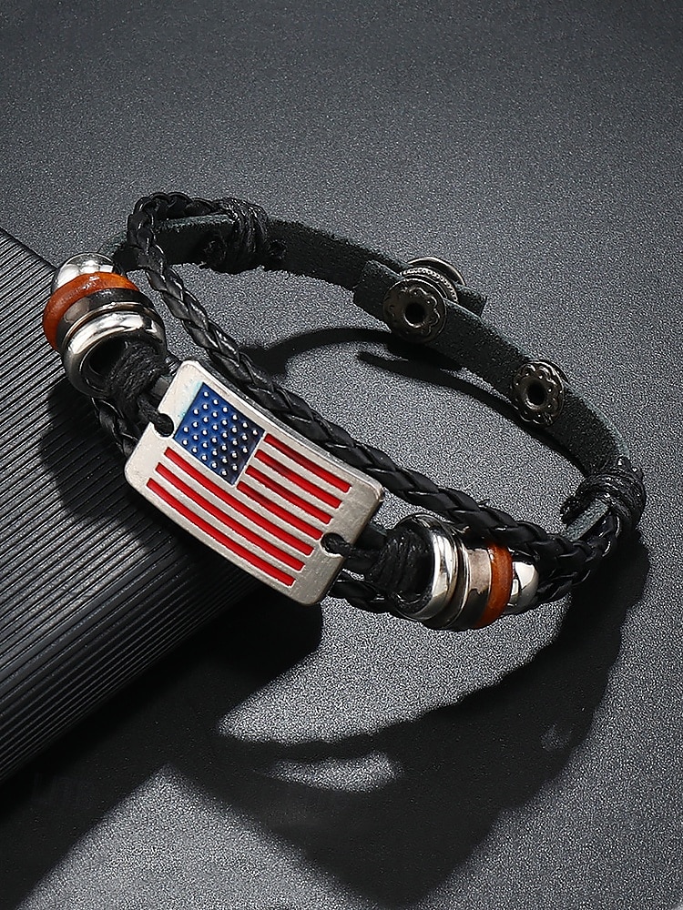 Amerikansk flaggarmband i läder för män – snyggt flätat band med metall- och trädetaljer för vardagliga och patriotiska tillfällen 2025 - $7.99 –P2