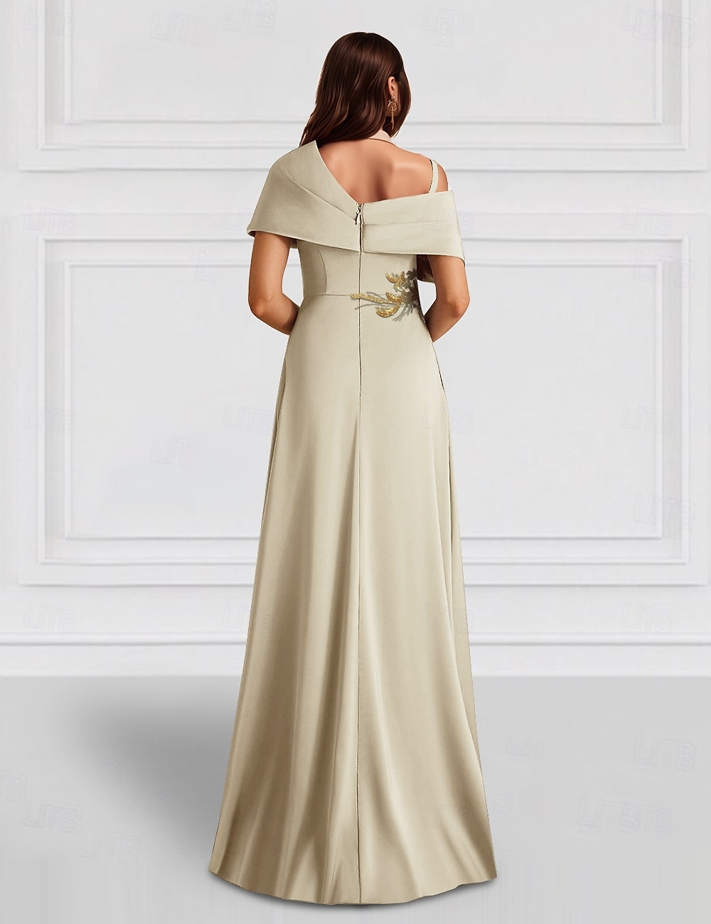 Robe de soirée A-Line élégante robe de mariage invitée de soirée longueur de sol sans manches épaule unique poche satin avec châle de 2025 ? $164.99 –P4