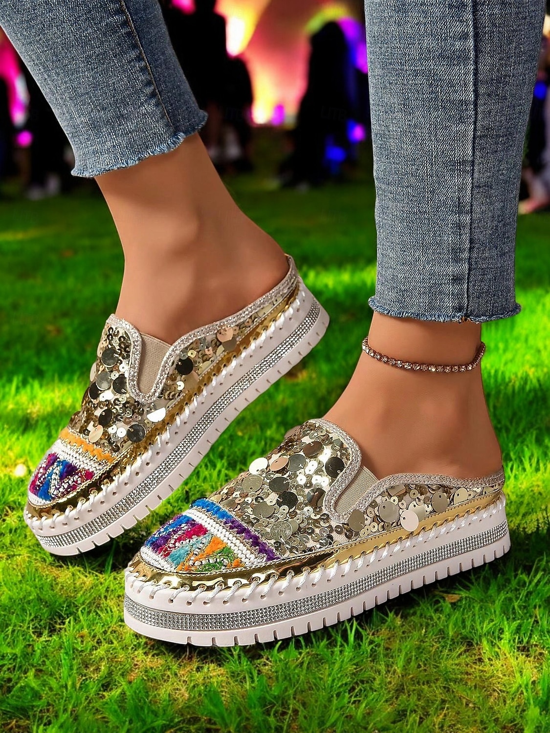 dámské zlaté flitrové tenisky na platformě mules – třpytivé slip-on boty s vyšívanými detaily pro festivaly, párty a street fashion 2025 - $34.99 –P7