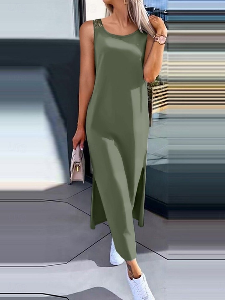 Robe maxi femme Robe en A Robe unie Robe sans manches Robe d'été Basique Décontractée Vacances Quotidienne Coupe régulière Graphique Sans manches Col rond Noir Blanc Vert armée Gris foncé Été de 2025 ? $21.99 –P2