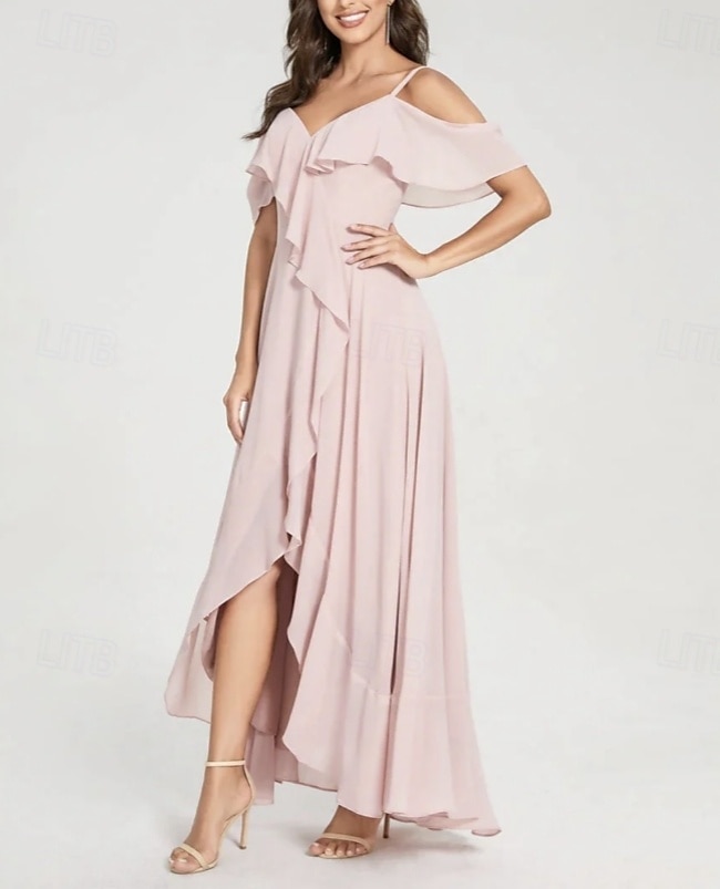 A-Line Bridesmaid Dress V Neck / Spaghetti Strap Short Sleeve Elegant Asymmetrical Chiffon with Split Front / Ruching 2025 - $155.99 –P3