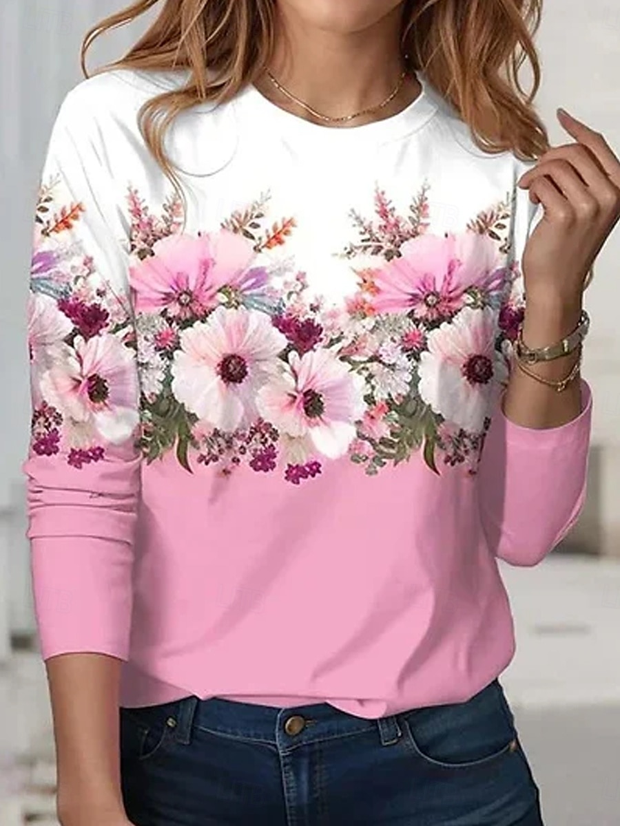 Dame T skjorte Blomstret Elegant Årgang Mote Langermet Crew-hals Vanlige topper Daglig Ut på byen Helg Trykt mønster Rosa Sommer Vår 2025 - $22.99 –P1