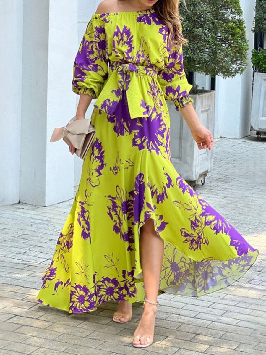 Damen Midikleid Wickelkleid A Linie Kleid Figurbetontes Kleid Schulterfreies Kleid Urlaub Urlaub Täglich Regular Fit Blumen Graphic Langarm Ein-Schulter Gelb Grün Sommer 2025 - $36.99 –P6