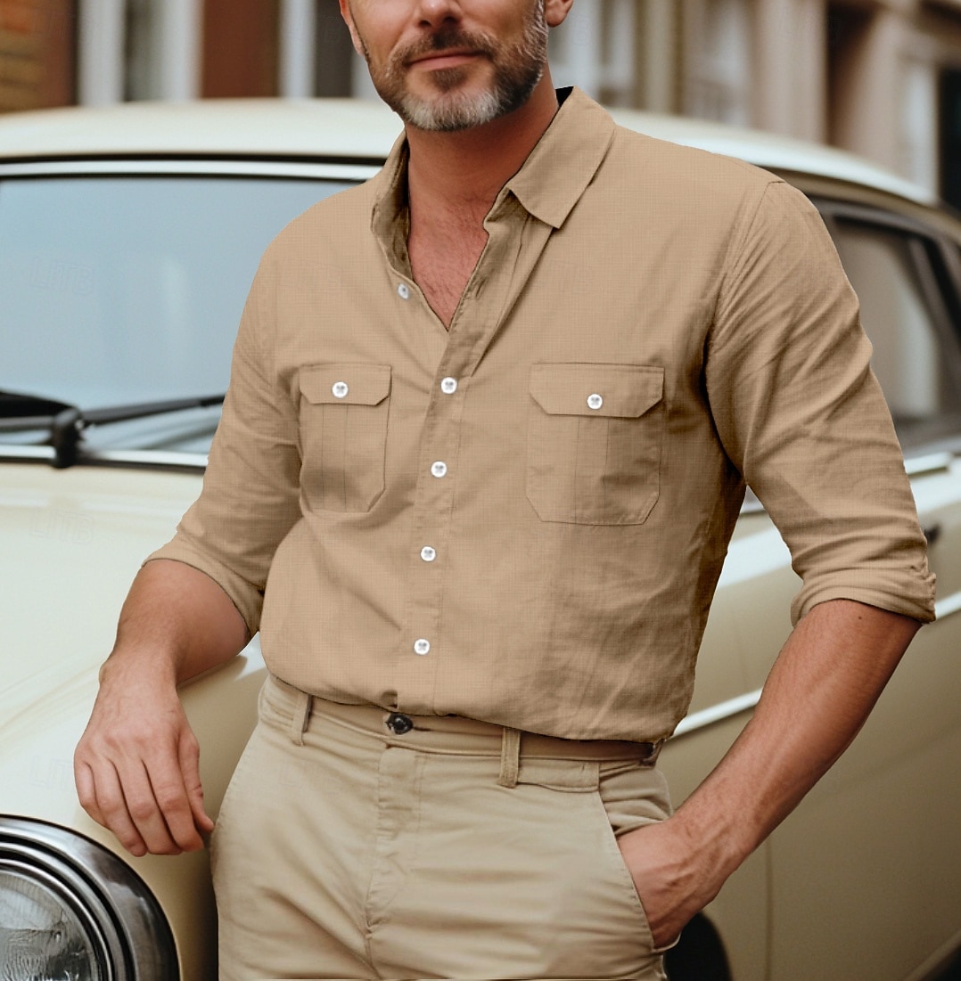 Voor heren Overhemd Katoenen linnen overhemd Zomer overhemd Overhemd met knopen Effen Casual Dagelijks Zwart Wit blauw Khaki Lange mouw Kraag Lente zomer Kleding Zak 2026 - $26.99 –P6