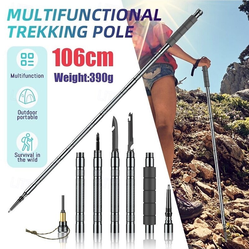 1 juego de bastones de senderismo multifuncionales: bastón de trekking plegable con cuchillo oculto &Brújula - Bastón de autodefensa para acampar & senderismo 2025 - $60.99 –P1