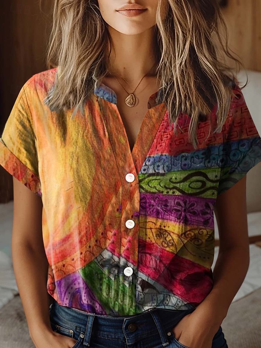 Camicia da donna a maniche corte con scollatura a V e bottoni blusa floreale elegante vintage tropicale colletto regolare top quotidiani stampa arancione estate del 2025 a $29.99 –P1