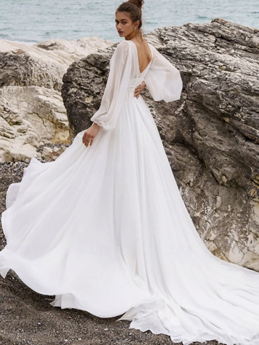 Abiti da sposa Linea-A A V Cinghie Regolari Strascico da cappella Tulle Abiti da sposa Con A pieghe Con ruche 2025 del 2025 a $180.99 –P5