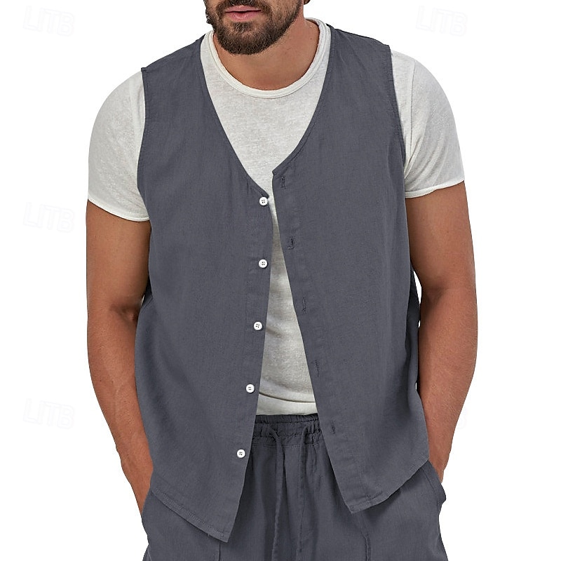 בגדי ריקוד גברים וסט Gilet אפוד פשתן חופשה יומי פגישה (דייט) אופנתי יום יומי קיץ אביב כפתורים כיס פשתן נוח אחיד חזה יחיד כפתור יחיד צווארון V רגיל שחור צהוב ירוק בהיר כחול נייבי אֵפוֹד 2025 - $23.99 –P7