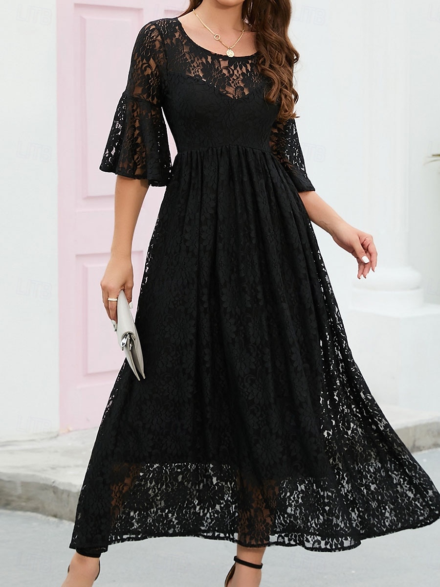 Damskie Sukienka midi Koronkowa sukienka Sukienka maxi Sukienka A line Elegancja Elegancki Codzienny Rozkloszowany rękaw Urlop Impreza Codzienny Regularny Równina Krótki rękaw Półgolf Czarny Wino 2025 - $46.99 –P9
