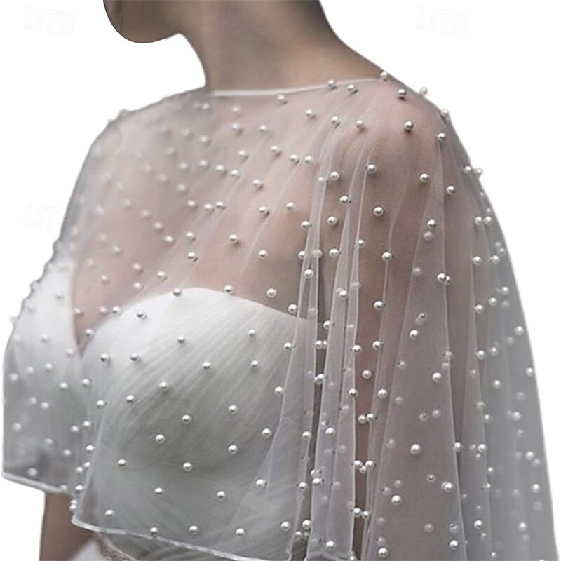 Accesorios de boda, bolero, capa de novia, perlas, capa de boda, parte delantera corta, parte trasera larga, capa envolvente para mujer, chal de noche, blanco 2025 - $28.99 –P5