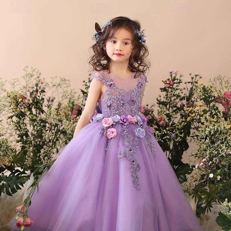 Blomsterpikekjole Barn Jente Prinsesse kjole Ytelse Bryllup Fest Elegant Vakker Netting Helfarge Ermeløs Crew-hals Lilla 4 år + 2025 - $58.99 –P2