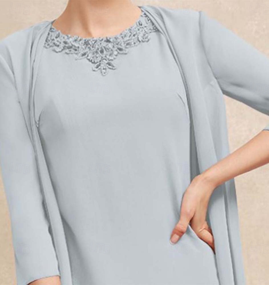 Zweiteiliges Kleid der Mutter der Braut Elegant Vintage Einfach Juwel-Ausschnitt Bodenlang Chiffon 3/4 Länge Ärmel Jackett Kleider mit Pailletten Beading Kaskadierende Rüschen 2025 - $203.99 –P3