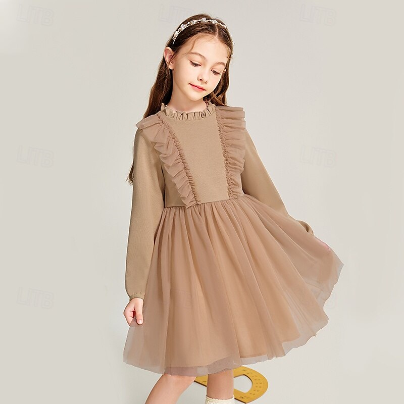 Děti Dívčí Šaty na párty Pevná barva Dlouhý rukáv Výkon Svatební Princeznovské Sladký Polyester Jaro Podzim 2-8 let Fialová Khaki Béžová 2025 - $48.99 –P1