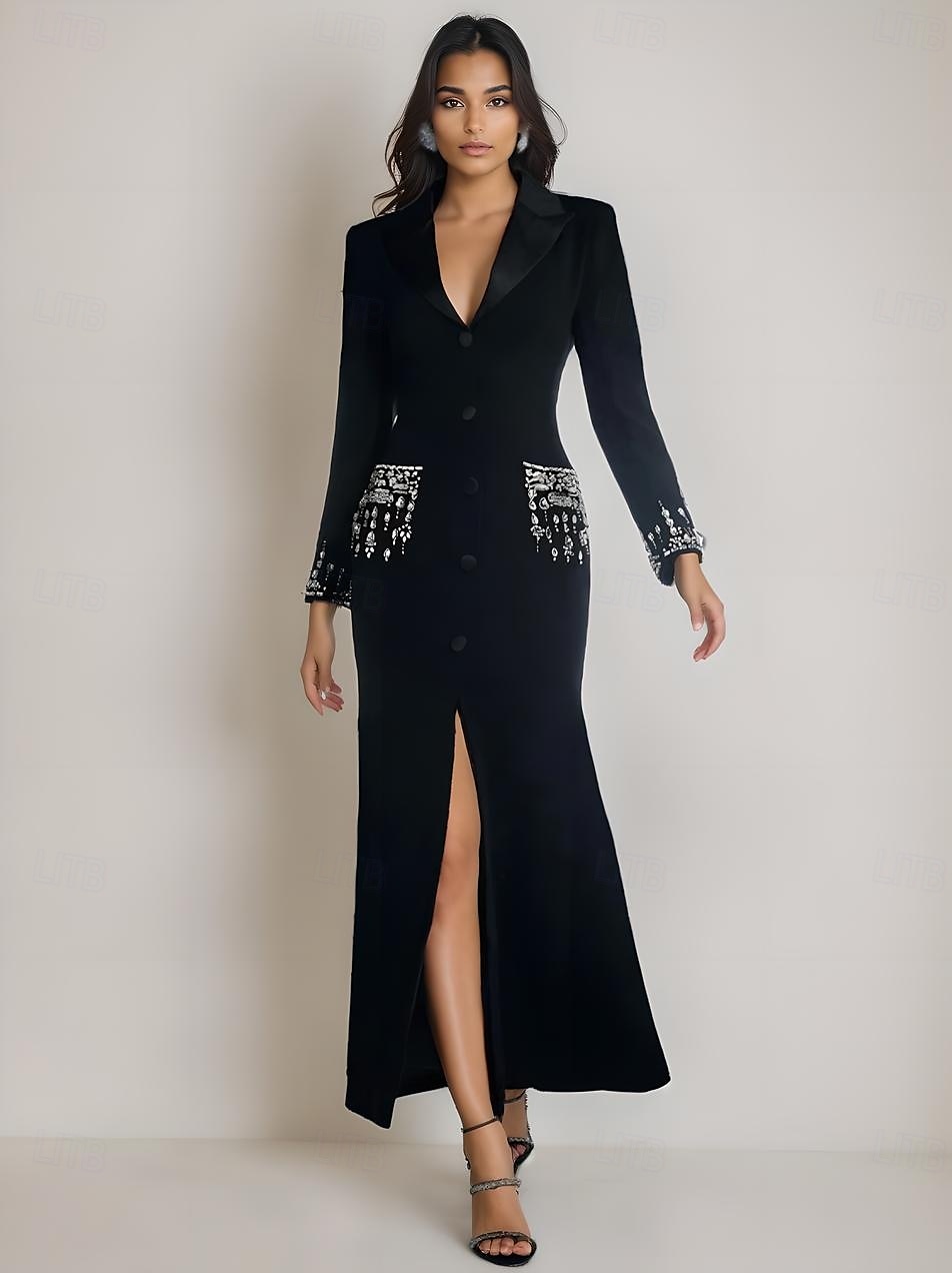 Blazer Dress A-Line Mother of the Bride Dress Tuxedo Dress Elegant High Split Shirt Collar Floor Length Stretch Fabric Long Sleeve with Crystals 2025 - $199.99 –P1