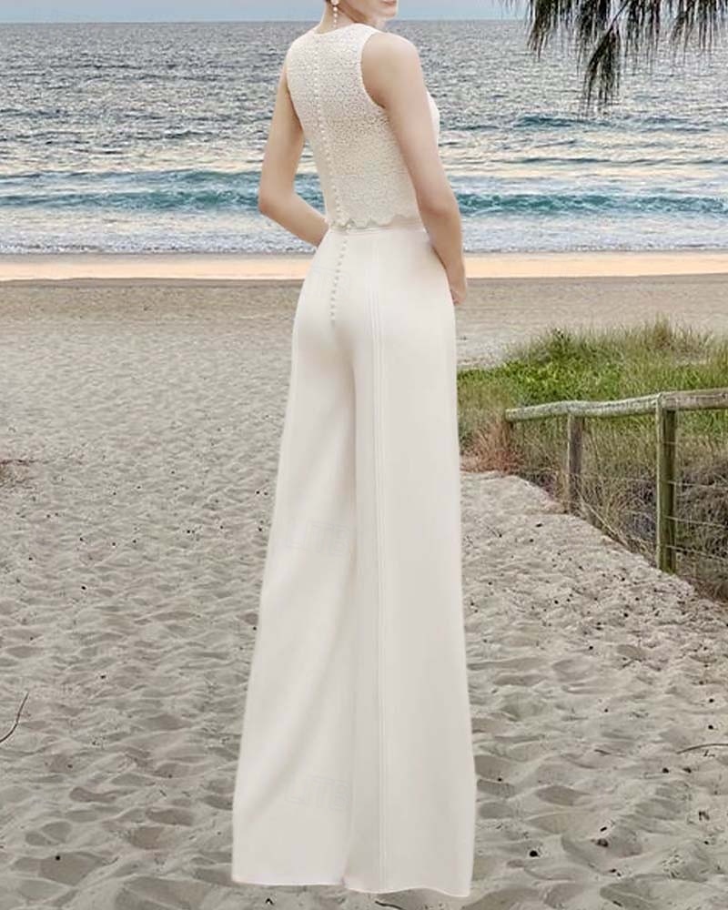 Bruidsjurken Jumpsuits Off Schouder Mouwloos Vloerlengte Rekbaar Stof Bruidsjumpsuit met Kant Bovenkant Effen Kleur 2025 - $196.99 –P3