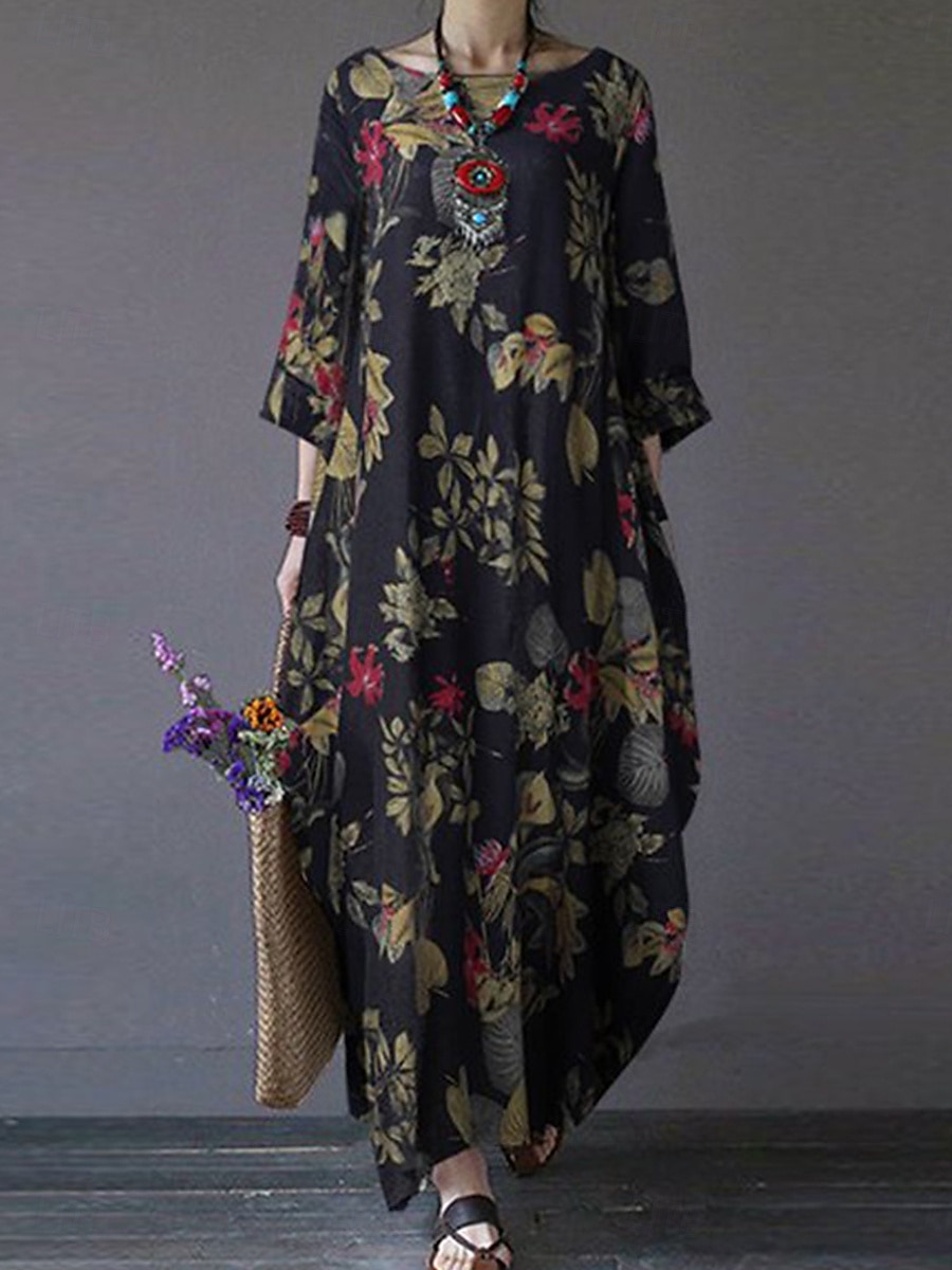 Mujer Vestido maxi Vestidos de lino y algodón Vestido informal Básico Casual Vacaciones Diario Ajuste regular Floral Manga Larga Cuello Barco Magenta Azul Marino Naranja Verano 2025 - $32.99 –P1