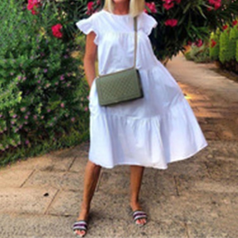 Women's Mini Dress White Dress Casual Dress Summer Dress Fashion Flare Cuff Sleeve Outdoor Party Holiday Regular Fit Plain Short Sleeve Crew Neck White Red Green Summer Spring 2026 - $18.49 –P4