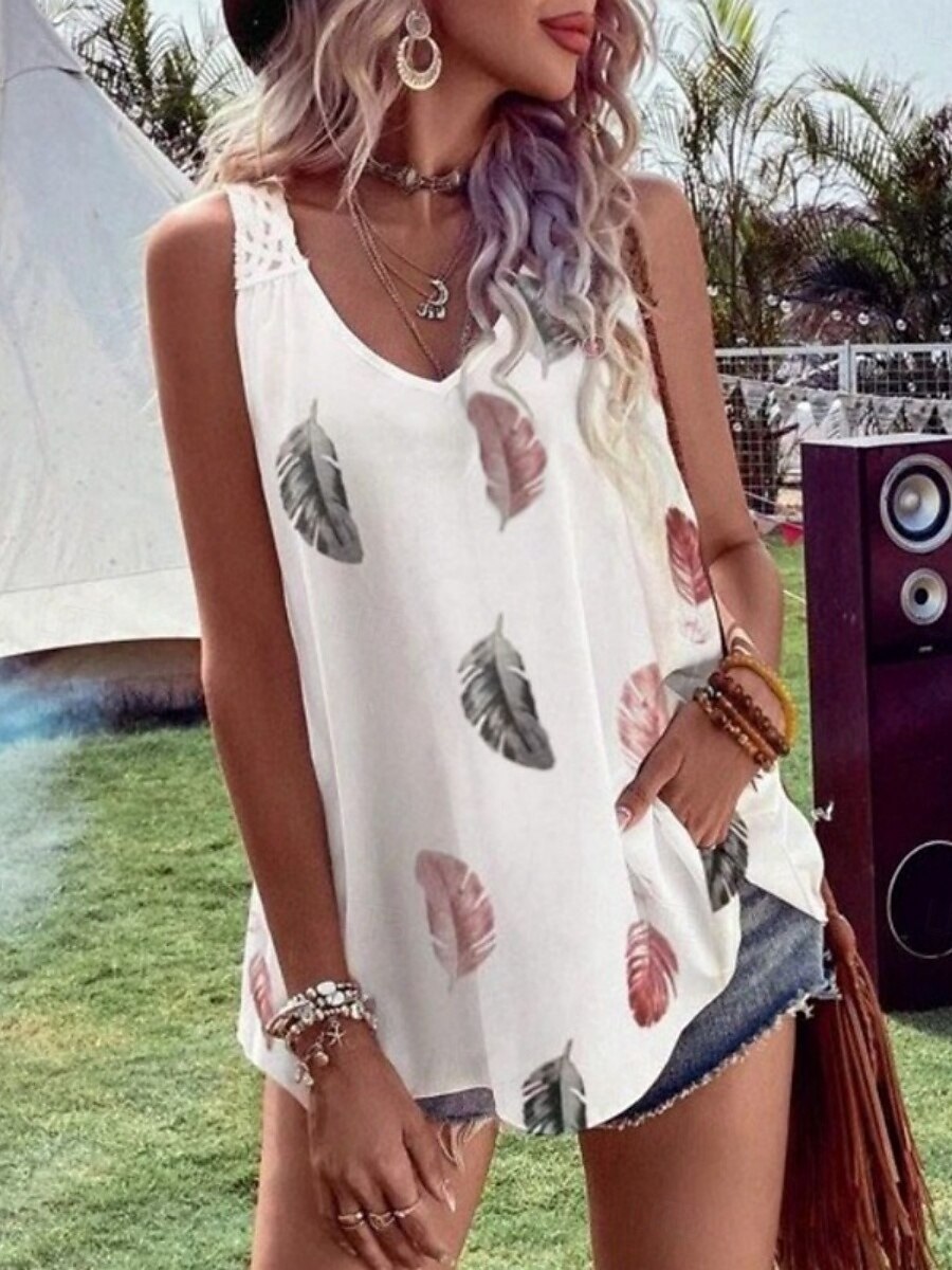 Dams Camisole Tank Top Fjäder Avslappnad Boho Ärmlös V-Hals Regal Toppar Daglig Semester Lapptäckstryck Vit Sommar Vår 2025 - $27.99 -P4