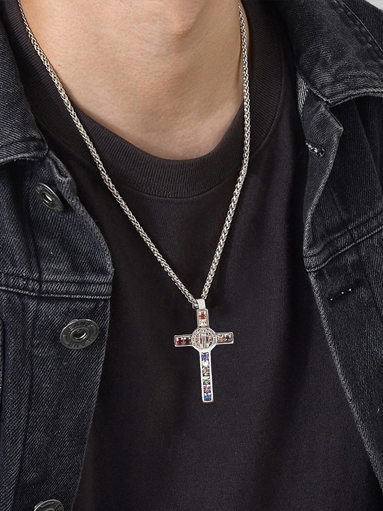 colar masculino de cruz banhado a ouro em aço inoxidável com pedras preciosas multicoloridas – pingente religioso, corrente estilosa para uso diário, presentes para ocasiões religiosas de 2025 por $14.99 –P2