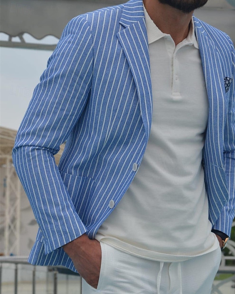 Hombre Graduación chaqueta Negocio Fiesta de Cóctel Fiesta de Boda Moda Casual Primavera Otoño Mezcla de Algodón Rayas Bolsillo Botones Cómodo Botonadura Simple Chaqueta de sport Azul Real 2026 - $50.99 –P1