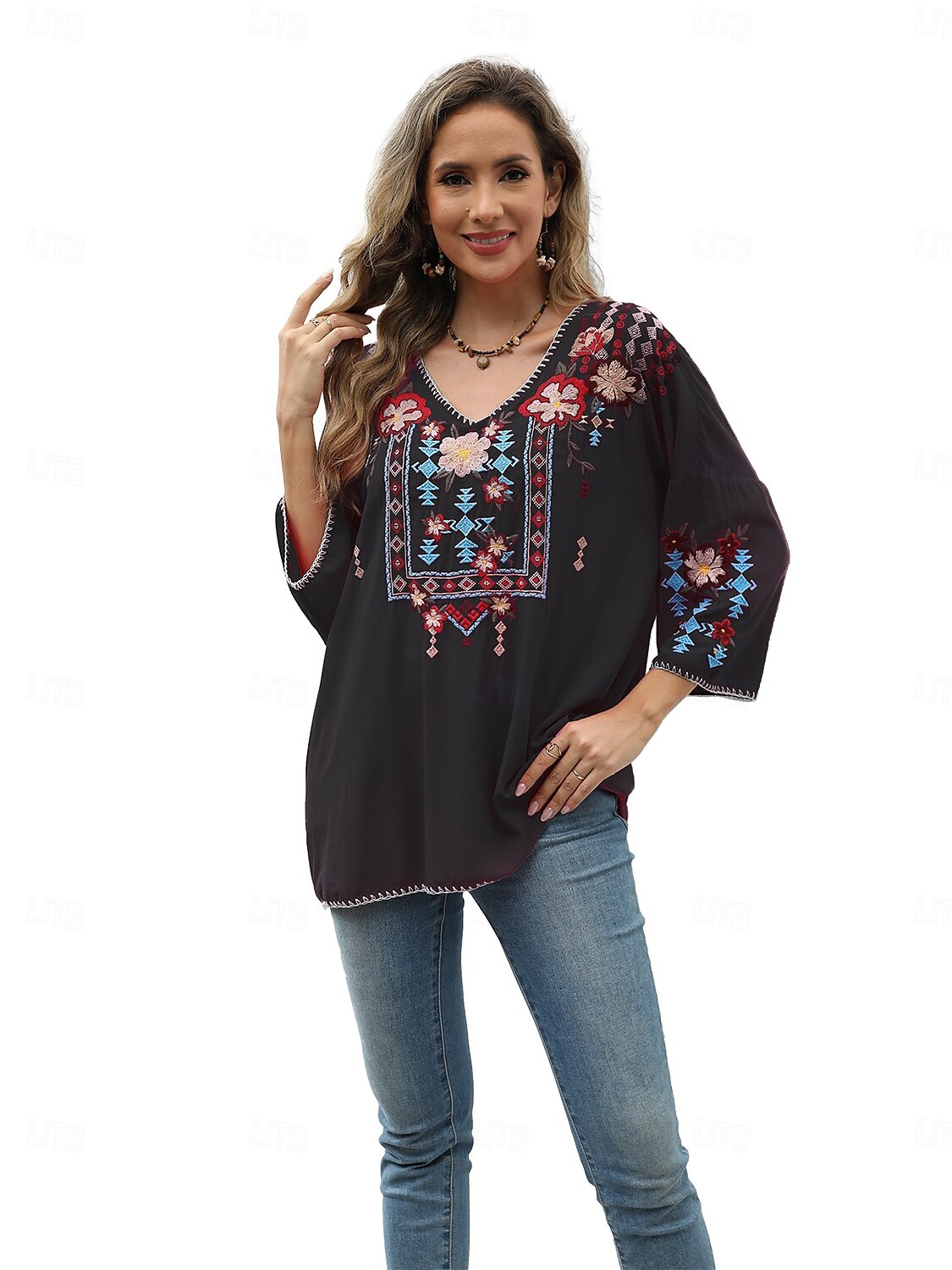 Dame Boho skjorte Helfarge Blomstret Bohem Daglig Luksuriøs 3/4 ermer 3/4-ermer Crew-hals Vanlige topper Arbeid Daglig Ut på byen Broderi Svart Gul Rose Rosa Sommer 2025 - $52.99 –P6