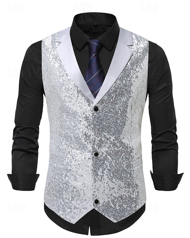 Men's Vest Waistcoat Gilet Performance Vacation Stage Fashion Casual Summer Spring Sequins Buttons Pocket Polyester Comfortable Plain Single Breasted One-button Lapel Regular Fit Silver Black Vest 2025 - $33.99 –P2