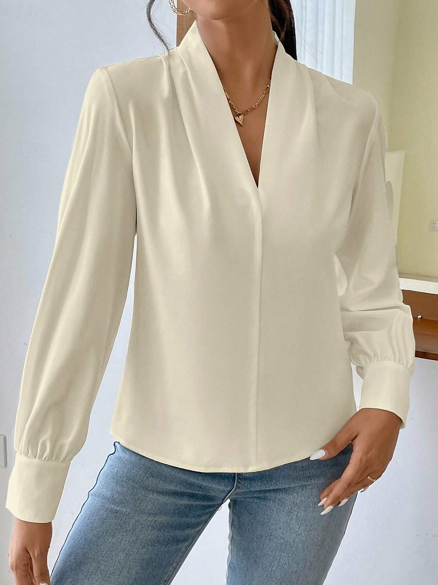 Dame Skjorte Bluse Helfarge Stilfull Fritid Langermet V-hals Vanlige topper Daglig Knapper Lomme Svart Hvit Gul Blå Grønn Sommer Vår 2025 - $31.99 –P33