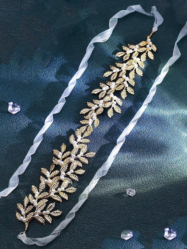 eleganter Brautgürtel aus Blattgold mit Perlenakzenten – Hochzeitsaccessoire für besondere Anlässe, Partys und Zeremonien 2025 - $11.99 –P6