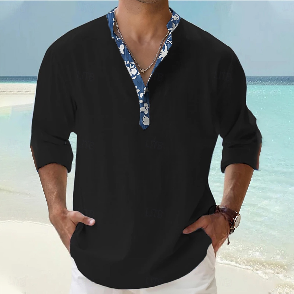 Per uomo Camicia Camicia popover Camicia estiva Maglietta informale Camicia da spiaggia Nero Bianco Rosa Arancione Verde Manica lunga Floreale Tinta unita / tinta unita A fascia Henley Da mare del 2025 a $23.99 –P7