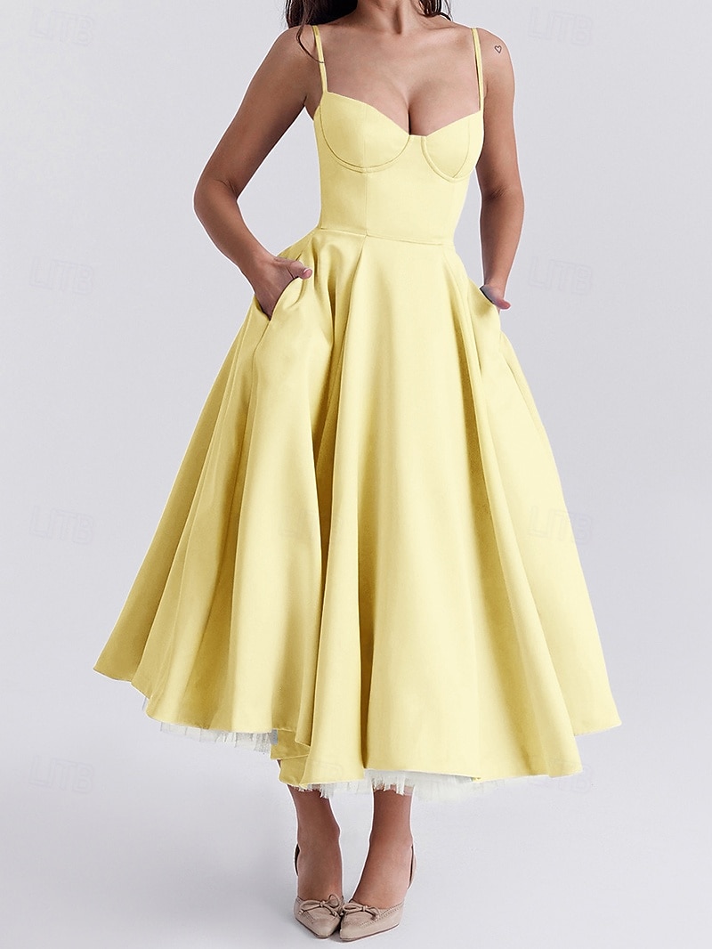 Retro Vintage 1950s Midi Dress Flare Dress Spaghetti Strap Corset Solid Color A-Line Women's Masquerade Wedding Vacation Tea Party Adults' Dress 2025 - $36.99 –P16