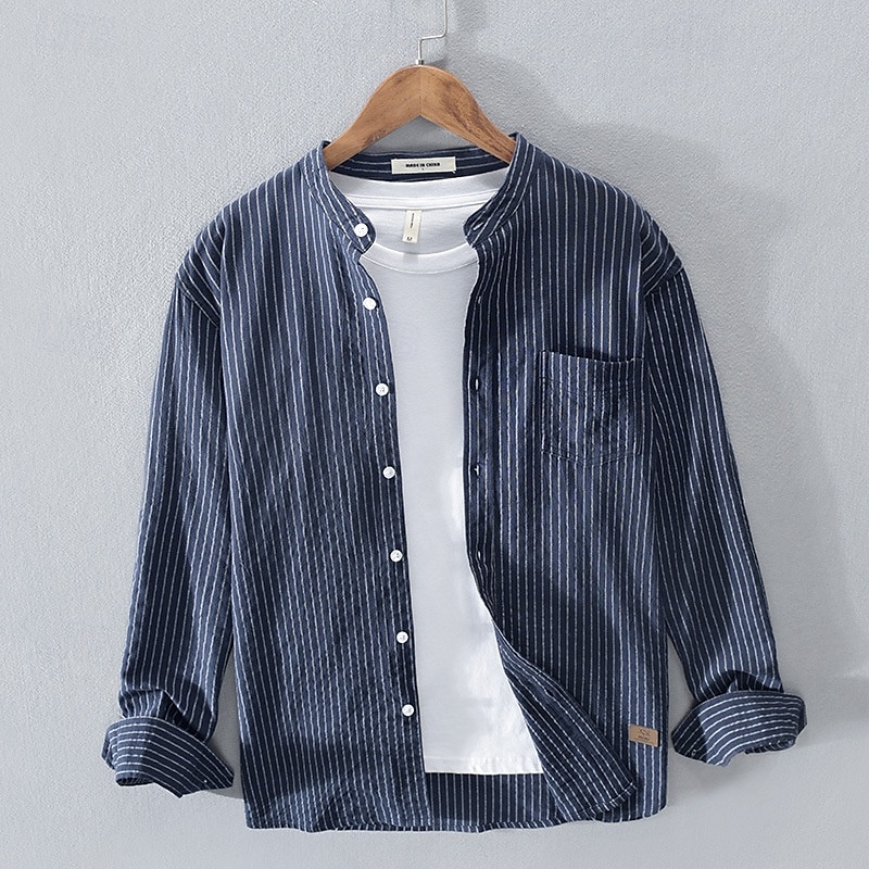 Per uomo Camicia Camicia di lino Camicia casual Camicia con Bottoni Camicia di cotone A righe Vacanza Camicia hawaiana Bianco Vino Blu reale Manica Lunga Colletto alla coreana Primavera Autunno del 2025 a $35.99 –P4
