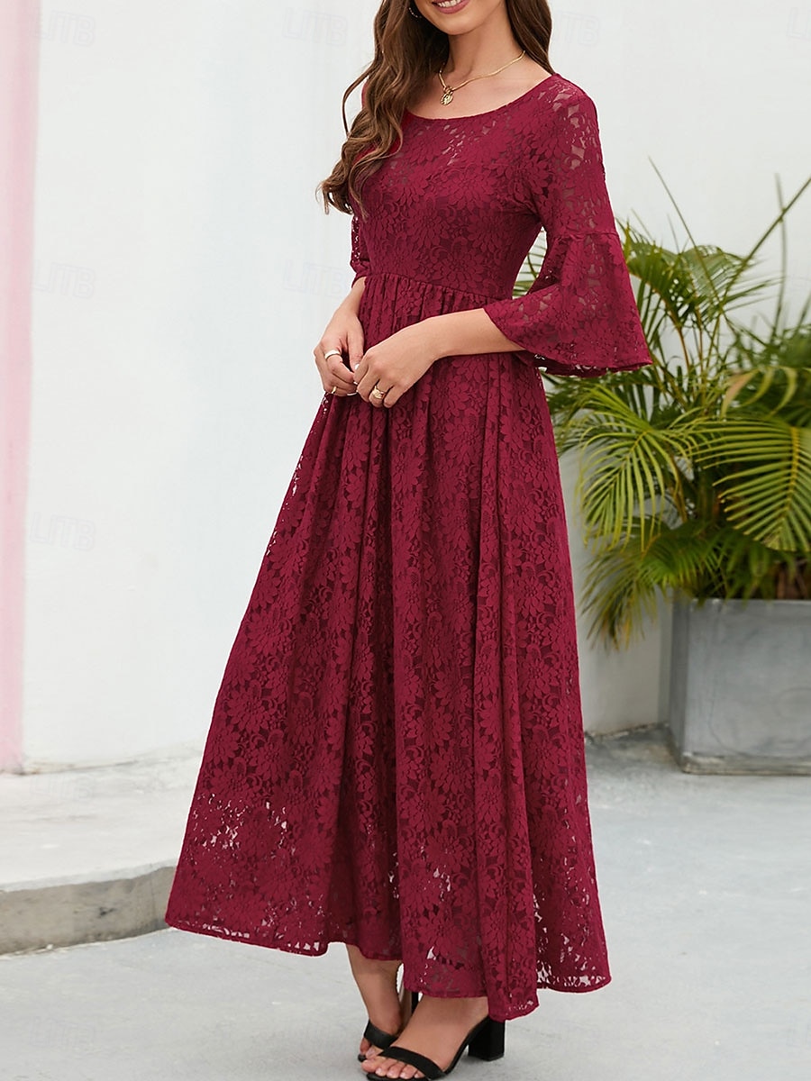 Damskie Sukienka midi Koronkowa sukienka Sukienka maxi Sukienka A line Elegancja Elegancki Codzienny Rozkloszowany rękaw Urlop Impreza Codzienny Regularny Równina Krótki rękaw Półgolf Czarny Wino 2025 - $46.99 –P4