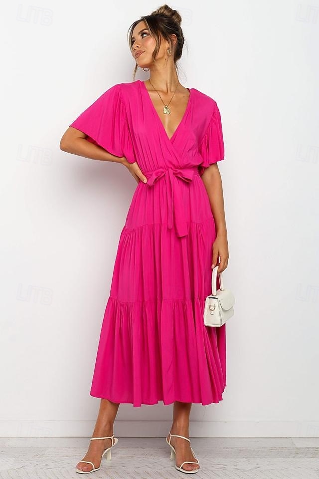 Damer Graduering Kjole Maxi Kjole Ensfarget A Linje Kjole Sommer Kjole Fest Klassisk Semi Formell Ferie Fest Arbeid Form Passform Grafisk Enkel Kort Erme V Utringning Svart Rosa Grønn Mørk Blå 2025 - $31.99 –P7