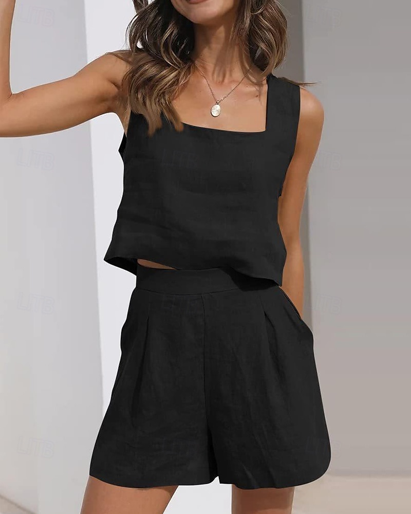 Damen Mode Streetwear Hemd Baumwoll-Leinen-Sets Zweiteilige Sets Leinenhosen Baggy-Shorts Ärmellos Quadrathals Einfarbig Alltagskleidung Date Schwarz Braun Khaki Sommer Normale Passform 2025 - $26.99 –P12