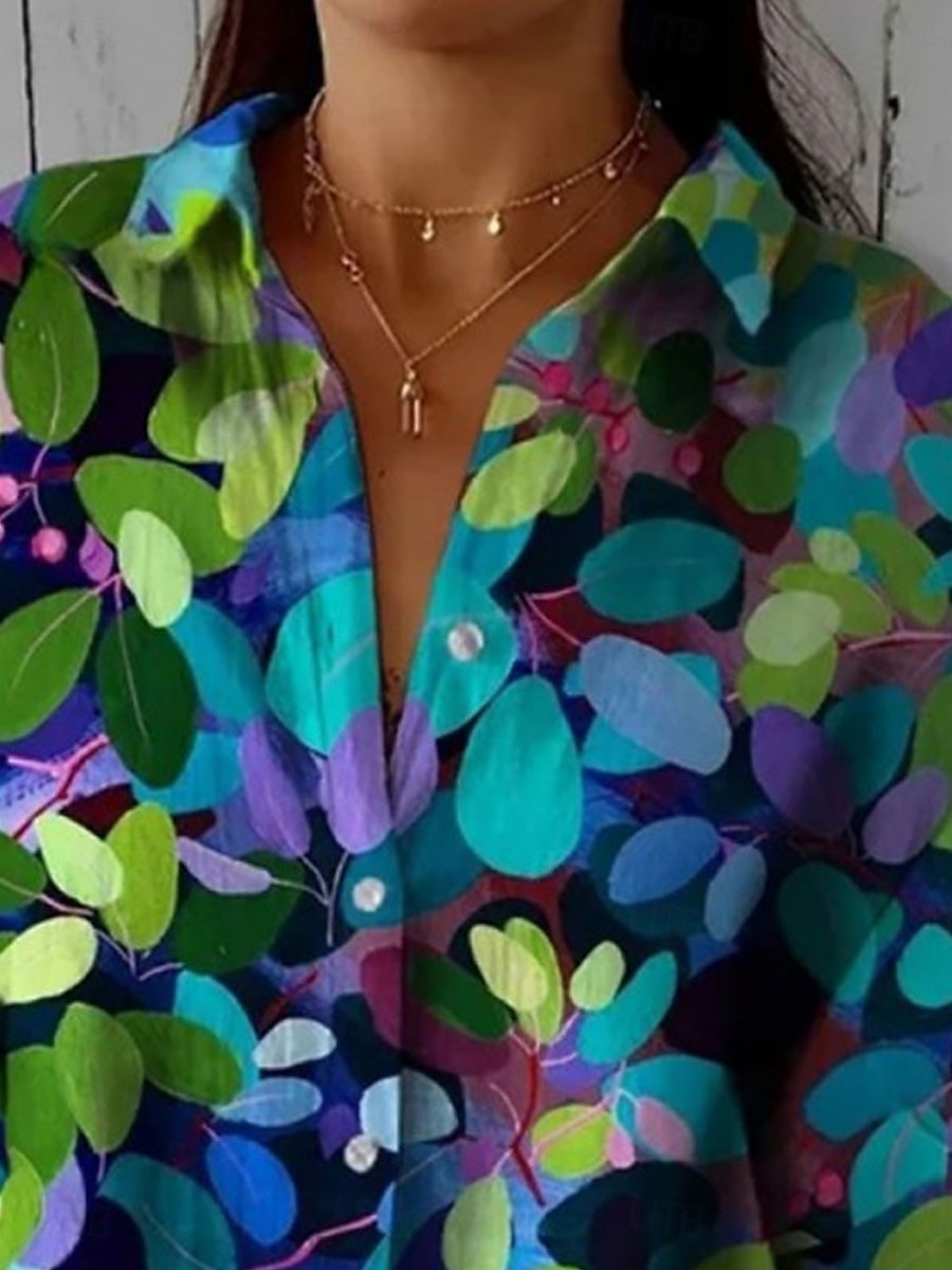 Damen Hemd Blumen Lässig Langarm Hemdkragen Normale Oberteile Arbeit Täglich Knöpfe Druck Grün Frühling Herbst Winter 2025 - $32.99 –P2
