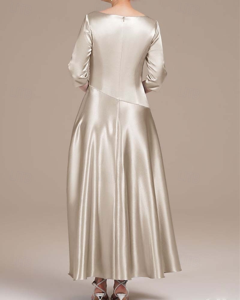Vestido Mãe da Noiva A-Line Elegante Simples Luxuoso Decote V Gola de Camisa Comprimento Total Cetim Manga Curta com Pregas de 2025 por $146.99 –P3