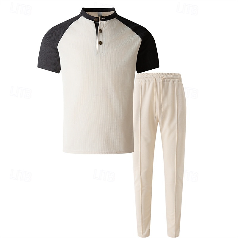 Herren T-Shirt Anzüge T-Shirts und lange Hosen mit Kordelzug 2-teiliges Outfit Kurzarm Henley Sommer Frühling Farbblock Mode Lässig 2 teilig Urlaub Alltagskleidung Ausgehen Wein Grün Khaki Top 2026 - $37.99 –P11