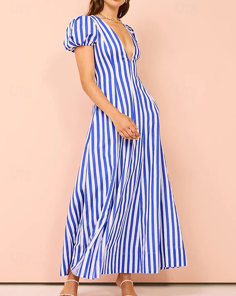 Naisten Pitkä mekko Maxi mekko Rento mekko Kesämekko Muoti Lyhtyhiha ulko- Pyhäpäivä Deitti Normaali Raidoitettu Lyhythihainen Syvä V Sininen Kesä Kevät 2025 - $29.99 –P3