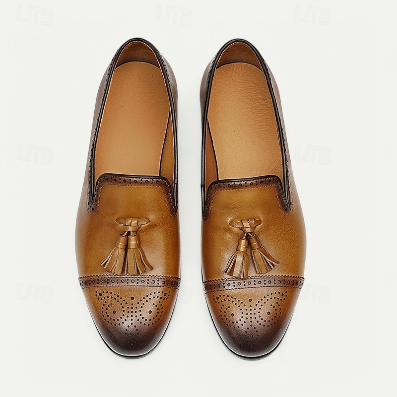 bruna tofsloafers i läder för män med brogue-detaljer, klassiska slip-on klänningskor för bröllop, fester och formella evenemang 2025 - $109.99 –P3