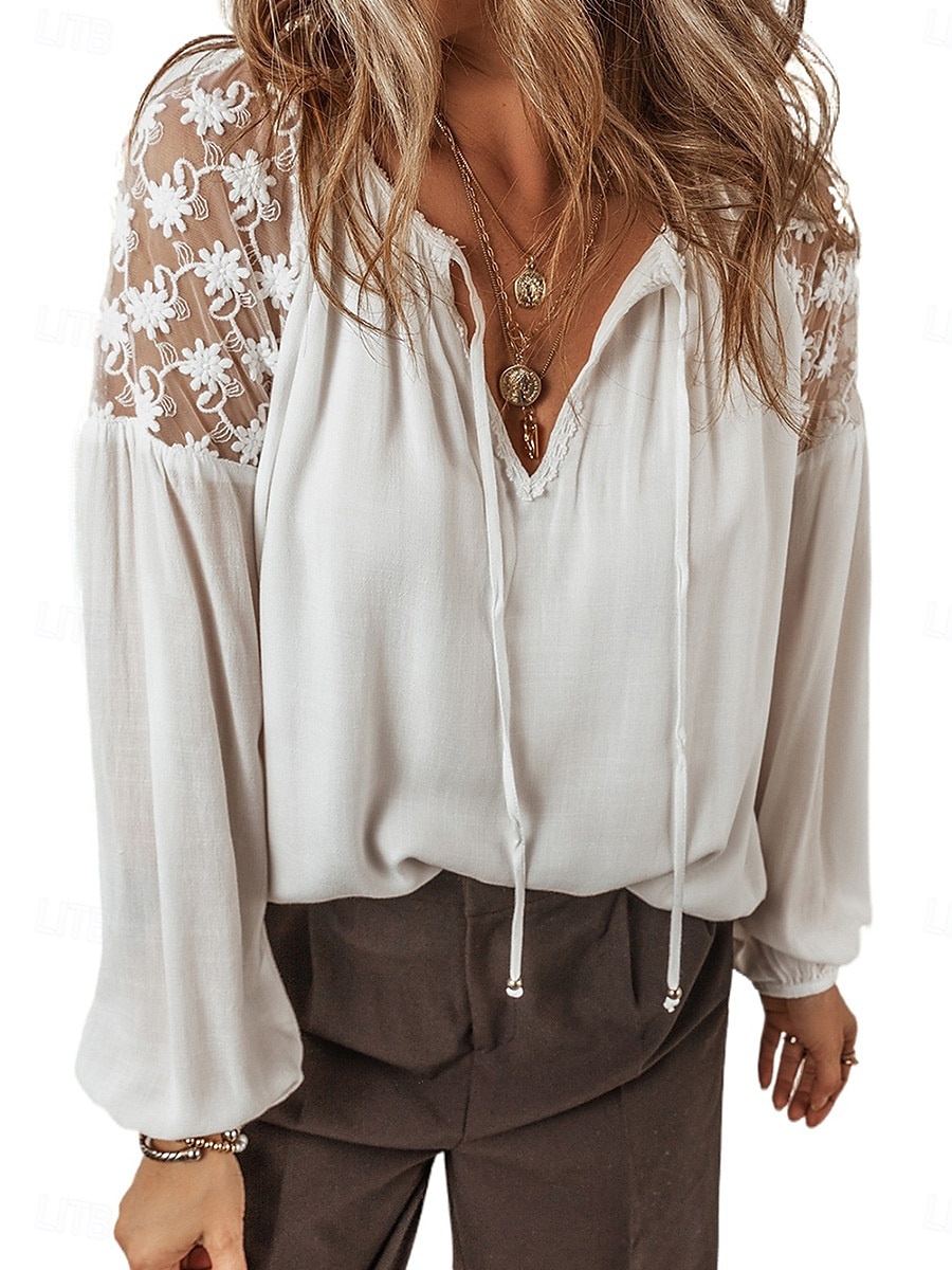 Damen Bluse Feste Farbe Stilvoll Brautkleider schlicht Langarm V Ausschnitt Normale Oberteile Arbeit Täglich Festtage Spitze Patchwork Weiß Frühling Herbst Winter 2025 - $32.99 –P5