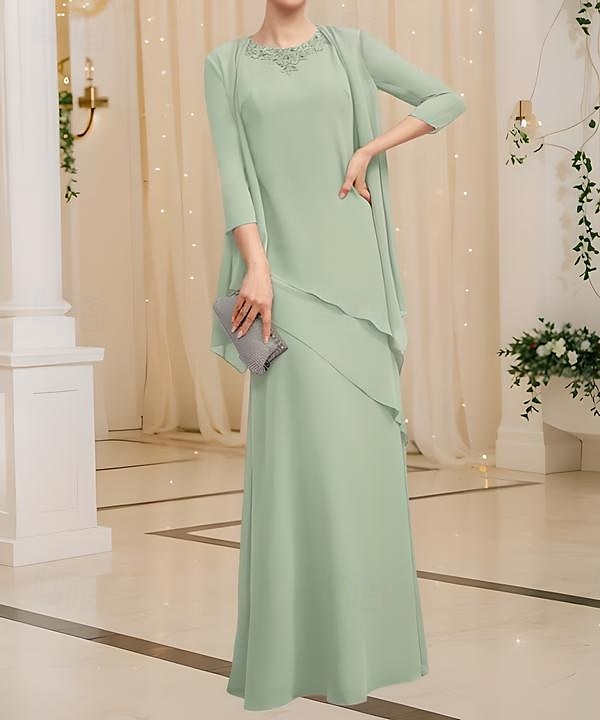 Zweiteiliges Kleid der Mutter der Braut Elegant Vintage Einfach Juwel-Ausschnitt Bodenlang Chiffon 3/4 Länge Ärmel Jackett Kleider mit Pailletten Beading Kaskadierende Rüschen 2025 - $203.99 –P6
