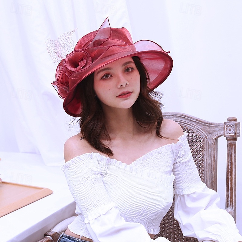 Chapeau de soleil à large bord en organza pour femme, chapeau de style Derby, pour mariage, thé, église de 2025 ? $7.99 –P13