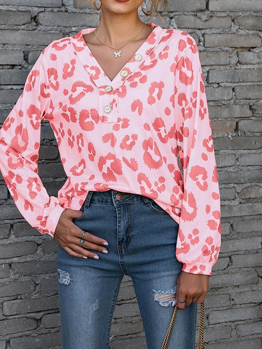 Dame T skjorte Leopard Mote Moderne Fritid Langermet V-hals Vanlige topper Daglig Helg Hvit Rosa Blå Brun Vår Høst 2025 - $21.99 –P10