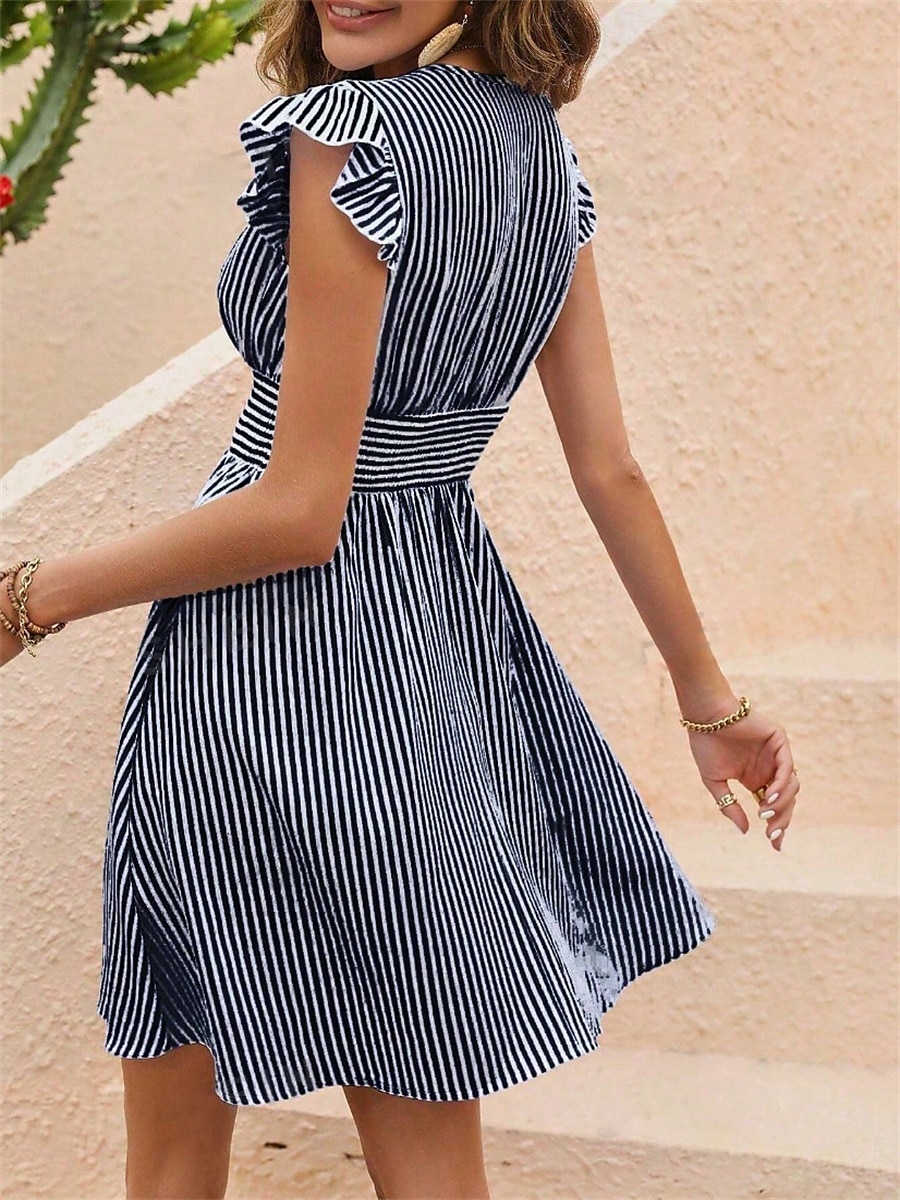 Pentru femei Rochie Mini Rochie casual Rochie A line Stilat Casual Vacanță Casual Zilnic Fit regulat Dunga Manșon scurt În V Negru Albastru celest Vară 2025 - $24.99 –P9