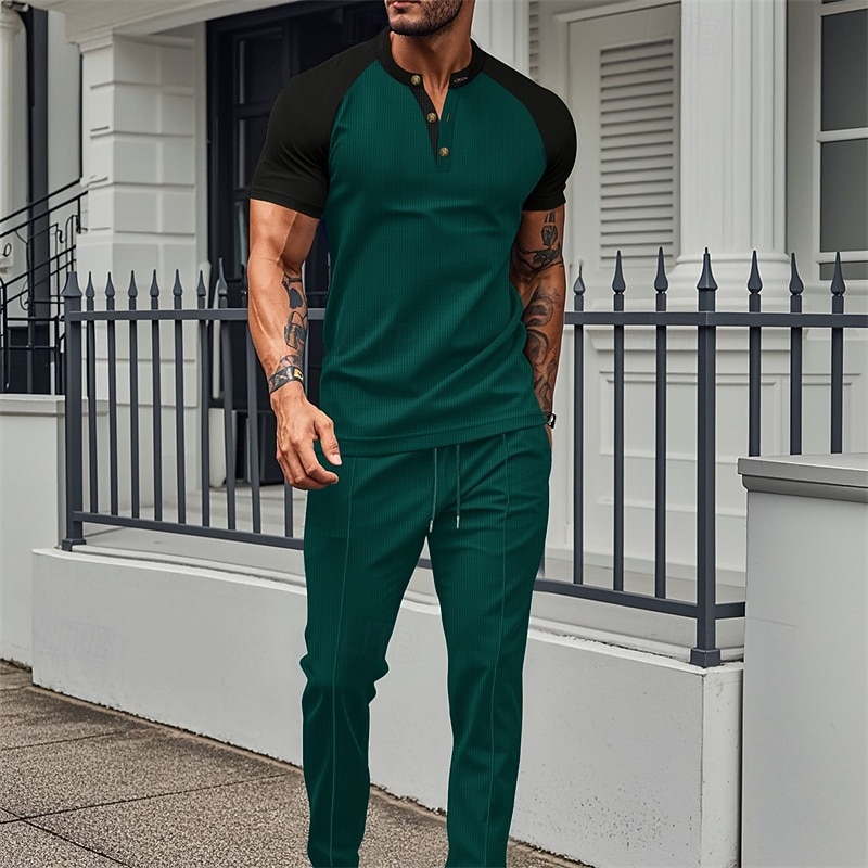 Herren T-Shirt Anzüge T-Shirts und lange Hosen mit Kordelzug 2-teiliges Outfit Kurzarm Henley Sommer Frühling Farbblock Mode Lässig 2 teilig Urlaub Alltagskleidung Ausgehen Wein Grün Khaki Top 2026 - $37.99 –P7