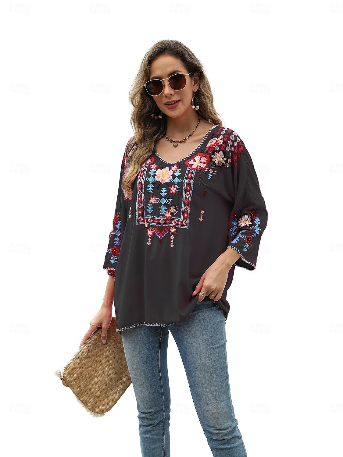 Dame Boho skjorte Helfarge Blomstret Bohem Daglig Luksuriøs 3/4 ermer 3/4-ermer Crew-hals Vanlige topper Arbeid Daglig Ut på byen Broderi Svart Gul Rose Rosa Sommer 2025 - $52.99 –P1