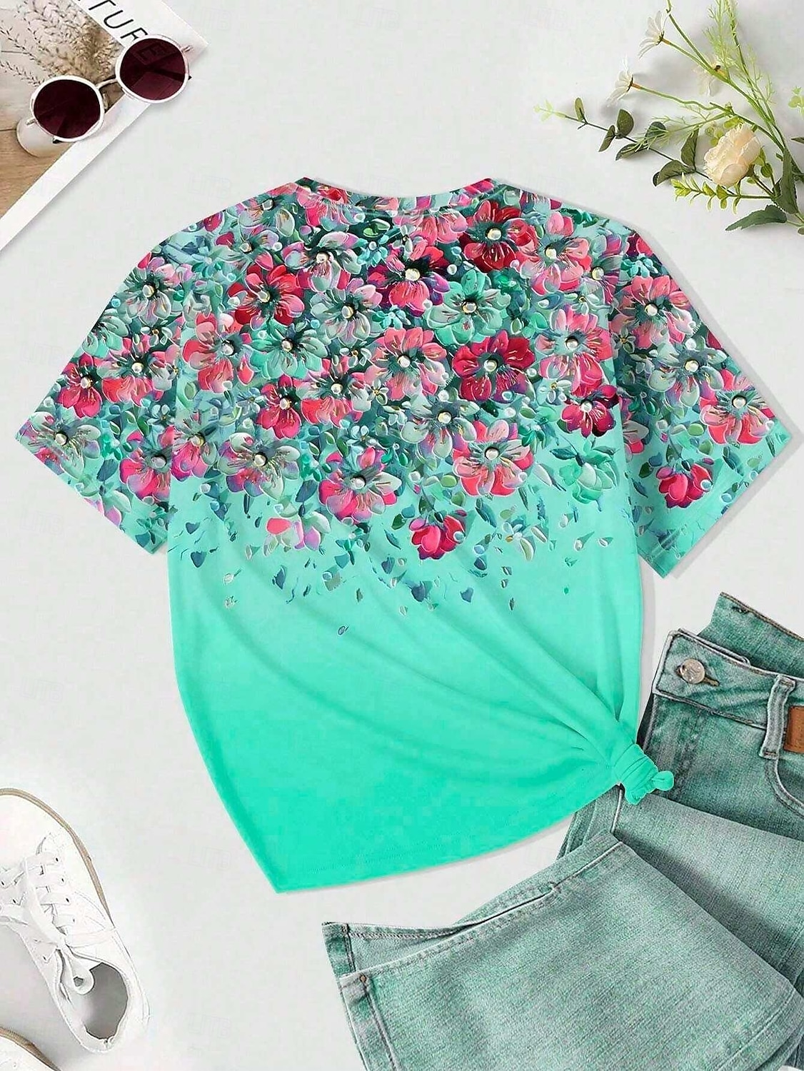 Women's T Shirt Floral Casual Short Sleeve Round Neck Regular Tops Daily Print Pink Blue Green Summer 2025 - $19.99 –P7